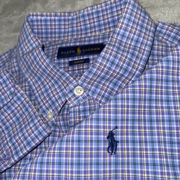 Polo Ralph Lauren Multi Purple‎ Blue Gingham Plaid Slim Fit Button Shirt, XL - Picture 1 of 10
